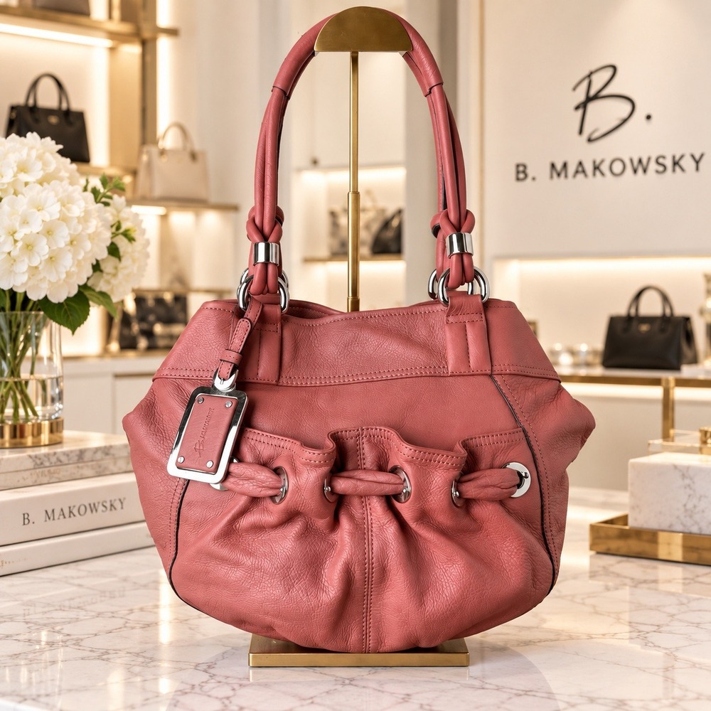 B. Makowsky Pink Glove Leather Hobo Bag Leopard Lining Silver Hardware